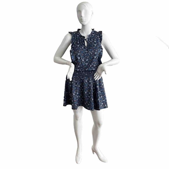 Outerknown Floral Smocked Dress Blue Ruffle A-line Skirt M - Picture 1 of 9